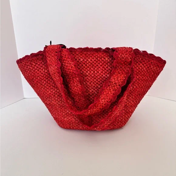 NWT ♠️ Kate Spade Target Raffia Bow Large Tote Bag Red Woven Straw Summer Purse - Picture 4 of 10